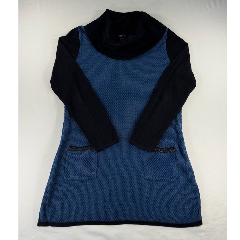 Style & Co Womens Cowl Neck Tunic Sweater Blue Black Colorblock Pockets Small